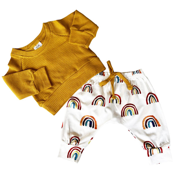 Unisex Rainbow Joggers and Mustard Shirt Baby/Toddler by AnnLoren - The Cheeky Wink