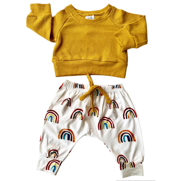 Unisex Rainbow Joggers and Mustard Shirt Baby/Toddler by AnnLoren - The Cheeky Wink