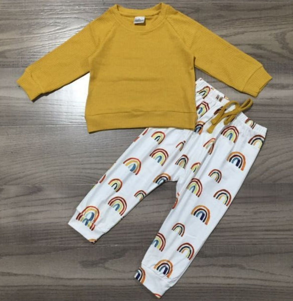 Unisex Rainbow Joggers and Mustard Shirt Baby/Toddler by AnnLoren - The Cheeky Wink