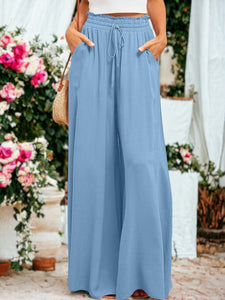 Shirred High Waist Gathered Tie Palazzo Pants by Anna-Kaci