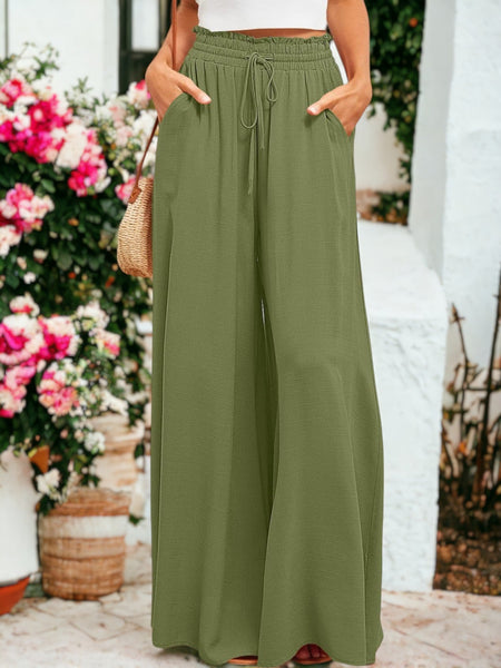 Shirred High Waist Gathered Tie Palazzo Pants by Anna-Kaci