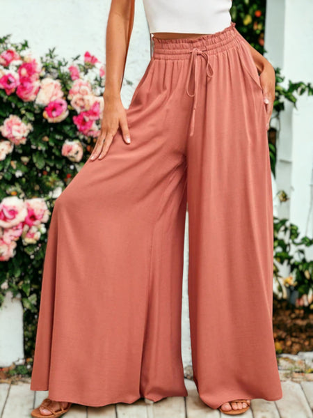 Shirred High Waist Gathered Tie Palazzo Pants by Anna-Kaci