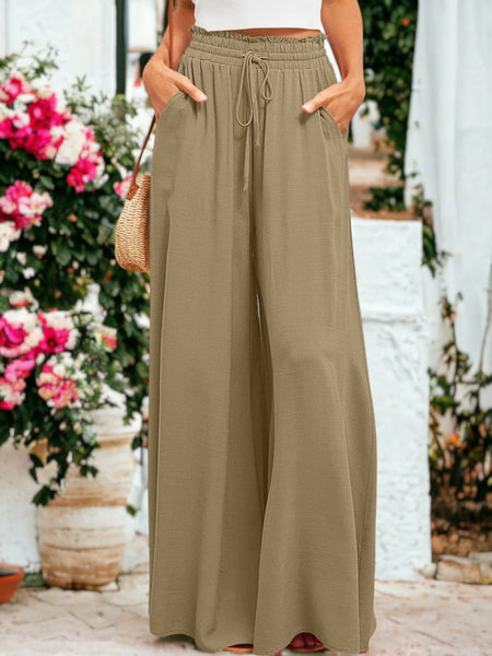 Shirred High Waist Gathered Tie Palazzo Pants by Anna-Kaci