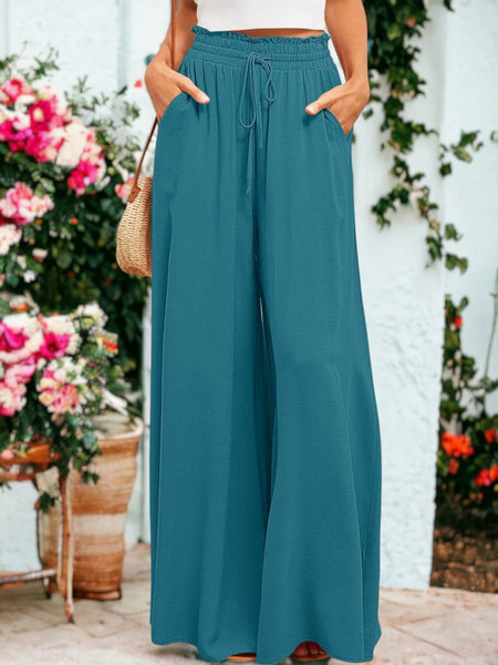 Shirred High Waist Gathered Tie Palazzo Pants by Anna-Kaci