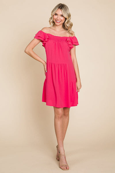 Smocked Ruffle Sleeve Off Shoulder Dress by RolyPoly Apparel