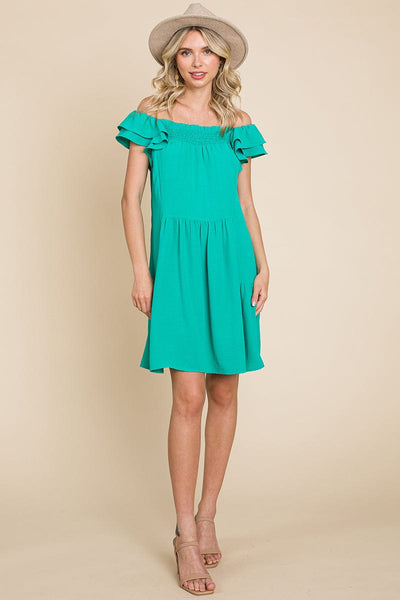 Smocked Ruffle Sleeve Off Shoulder Dress by RolyPoly Apparel