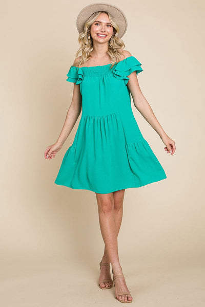 Smocked Ruffle Sleeve Off Shoulder Dress by RolyPoly Apparel