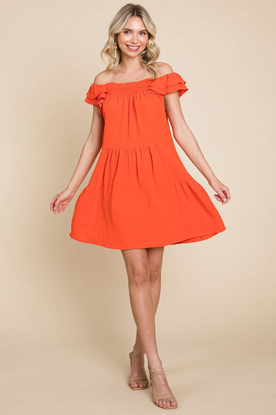 Smocked Ruffle Sleeve Off Shoulder Dress by RolyPoly Apparel