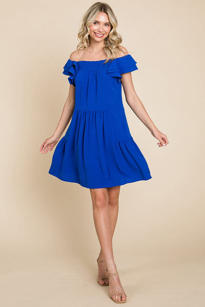 Smocked Ruffle Sleeve Off Shoulder Dress by RolyPoly Apparel