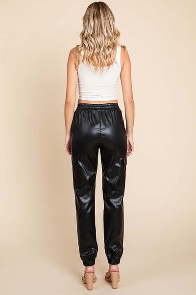 Faux Leather Drawstring Waist Pocketed Cargo Pants by RolyPoly Apparel