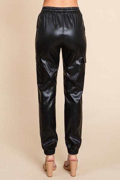 Faux Leather Drawstring Waist Pocketed Cargo Pants by RolyPoly Apparel