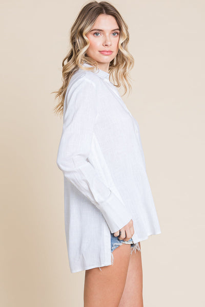 Lapel Neck Button Down Linen Shirts Tunic Tops by RolyPoly Apparel