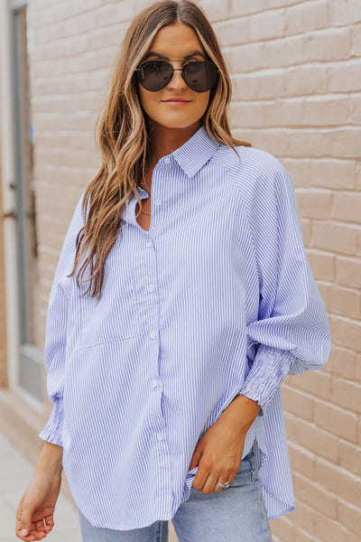 Skye Smocked Cuffed Striped Boyfriend Shirt with Pocket by Threaded Pear - The Cheeky Wink