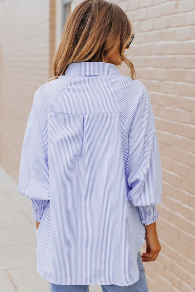 Skye Smocked Cuffed Striped Boyfriend Shirt with Pocket by Threaded Pear - The Cheeky Wink