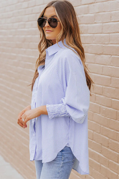 Skye Smocked Cuffed Striped Boyfriend Shirt with Pocket by Threaded Pear - The Cheeky Wink