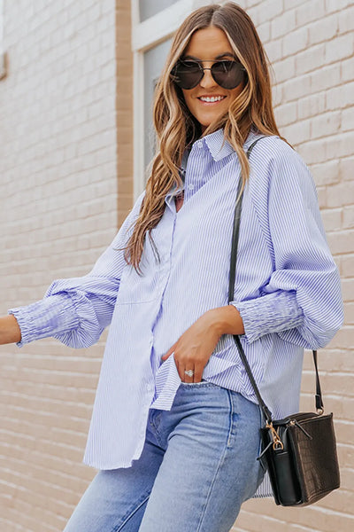 Skye Smocked Cuffed Striped Boyfriend Shirt with Pocket by Threaded Pear - The Cheeky Wink