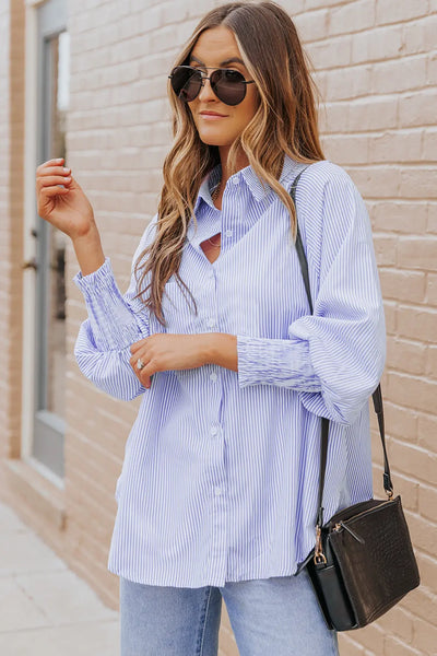 Skye Smocked Cuffed Striped Boyfriend Shirt with Pocket by Threaded Pear - The Cheeky Wink