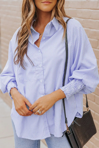 Skye Smocked Cuffed Striped Boyfriend Shirt with Pocket by Threaded Pear - The Cheeky Wink