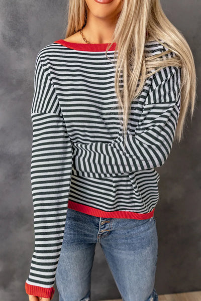 Madelynn Striped Drop Shoulder Sweater by Threaded Pear - The Cheeky Wink