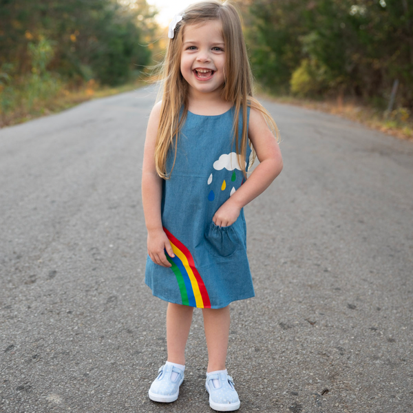 AL Limited Girls Blue Chambray Rainbow Overall Dress by AnnLoren