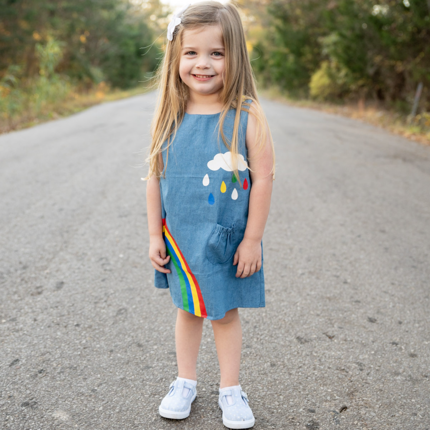 AL Limited Girls Blue Chambray Rainbow Overall Dress by AnnLoren