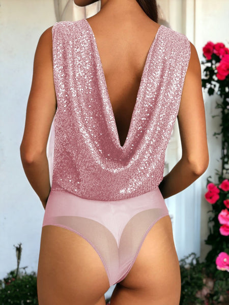 Cowl Back V-Neck Sleeveless Sequin Bodysuit by Anna-Kaci