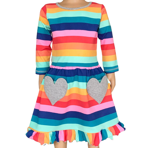 AnnLoren Baby Big Girls Boutique Fall Rainbow Hearts Cotton Winter Dress by AnnLoren - The Cheeky Wink