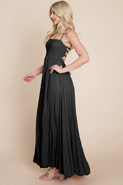 Smocked Flowy Boho Pleated Backless Maxi Dress by RolyPoly Apparel