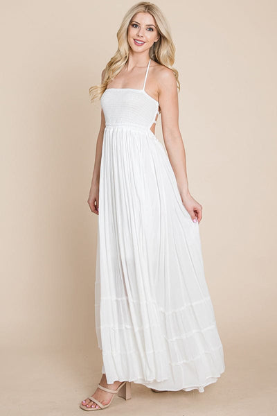 Smocked Flowy Boho Pleated Backless Maxi Dress by RolyPoly Apparel