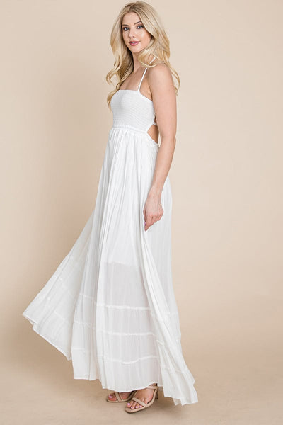 Smocked Flowy Boho Pleated Backless Maxi Dress by RolyPoly Apparel