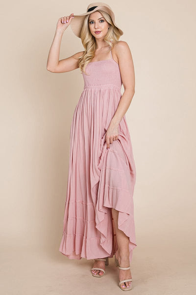 Smocked Flowy Boho Pleated Backless Maxi Dress by RolyPoly Apparel