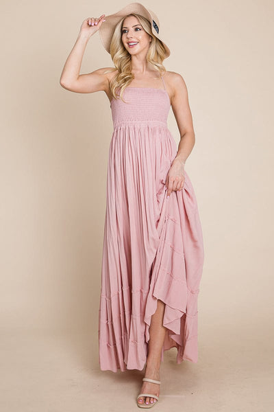 Smocked Flowy Boho Pleated Backless Maxi Dress by RolyPoly Apparel