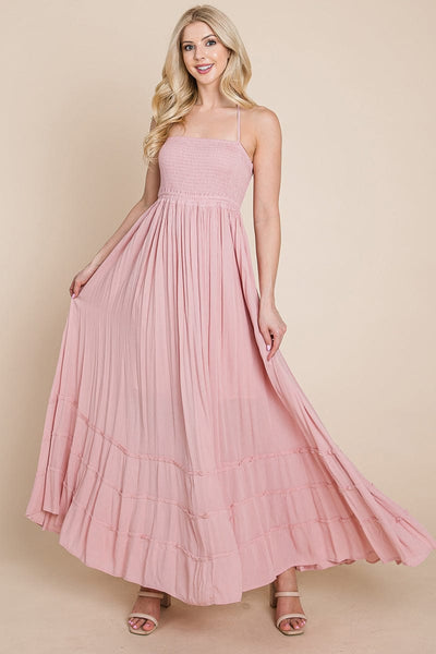 Smocked Flowy Boho Pleated Backless Maxi Dress by RolyPoly Apparel