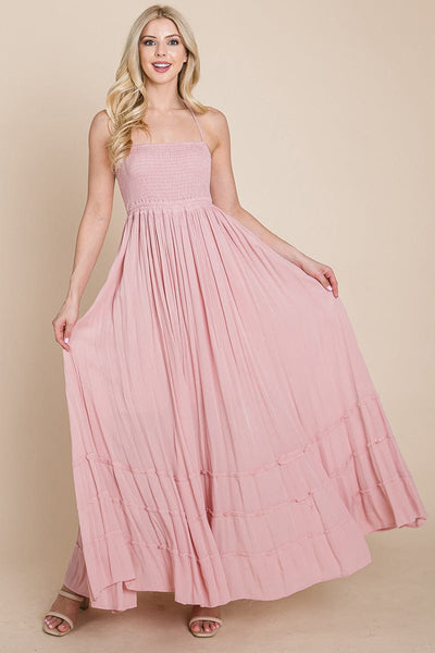 Smocked Flowy Boho Pleated Backless Maxi Dress by RolyPoly Apparel