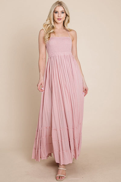 Smocked Flowy Boho Pleated Backless Maxi Dress by RolyPoly Apparel