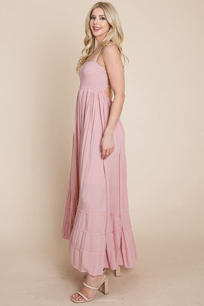 Smocked Flowy Boho Pleated Backless Maxi Dress by RolyPoly Apparel