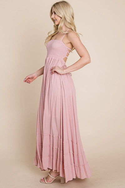 Smocked Flowy Boho Pleated Backless Maxi Dress by RolyPoly Apparel