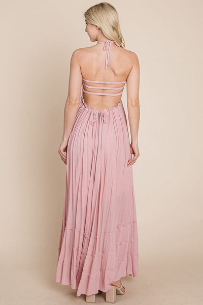 Smocked Flowy Boho Pleated Backless Maxi Dress by RolyPoly Apparel