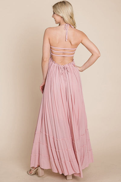 Smocked Flowy Boho Pleated Backless Maxi Dress by RolyPoly Apparel