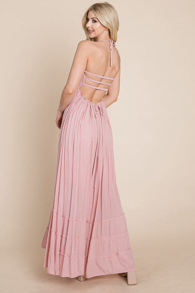 Smocked Flowy Boho Pleated Backless Maxi Dress by RolyPoly Apparel