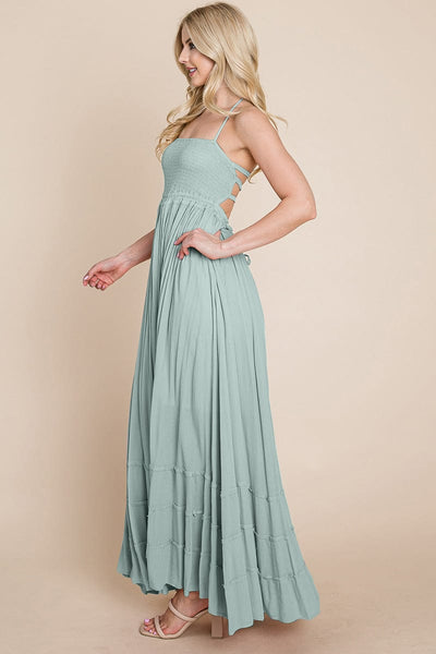 Smocked Flowy Boho Pleated Backless Maxi Dress by RolyPoly Apparel