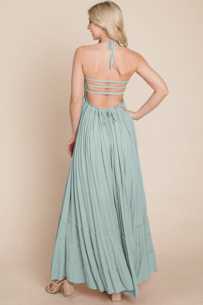 Smocked Flowy Boho Pleated Backless Maxi Dress by RolyPoly Apparel