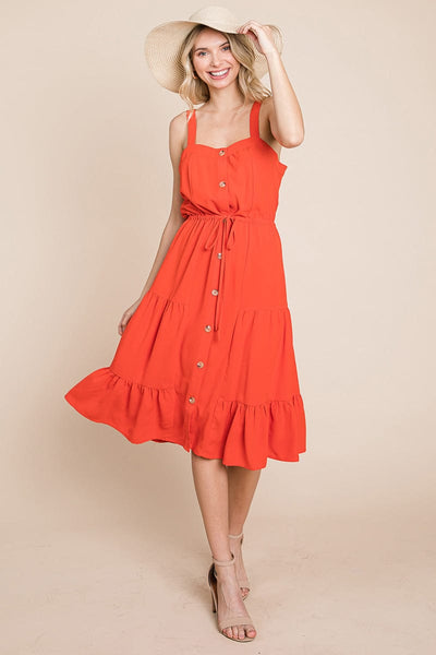 Tiered Square Neck Ruffled Button Midi Sundresses by RolyPoly Apparel