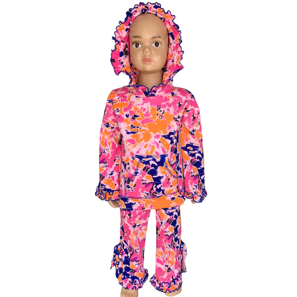 AnnLoren Girls Pink, Orange & Purple Tie Dye Ruffle Hoodie 2 Pc Fashion Track Suit by AnnLoren