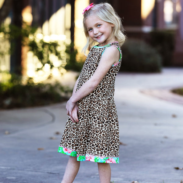 AnnLoren Little & Big Girls Spring Leopard Rose Floral Sleeveless Boutique Dress by AnnLoren