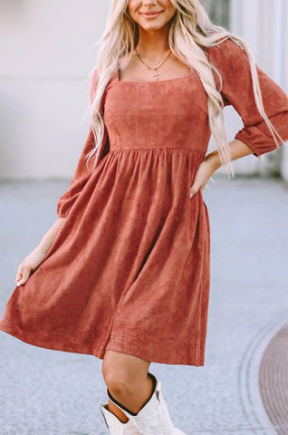 Kaylee Suede Square Neck Puff Sleeve Dress by Threaded Pear - The Cheeky Wink