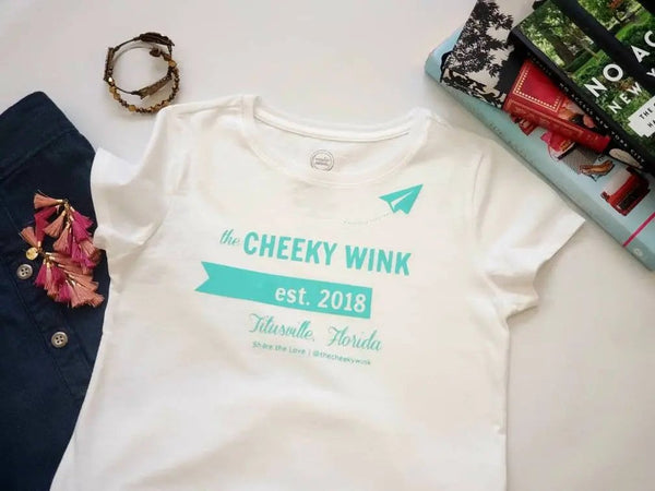 Airplane Message T-shirt, Youth White Cotton Tee, Mint Green Design - The Cheeky Wink