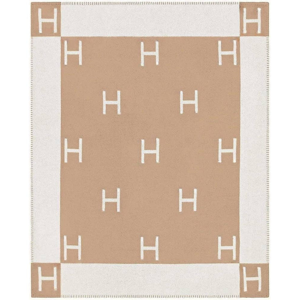 Monogram Pattern Reversible Throw Blanket in Tan