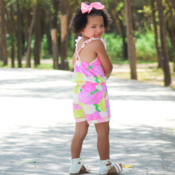 AnnLoren Girls Pink Bloom Floral Shorts Jumpsuit Summer One Piece Outfit by AnnLoren