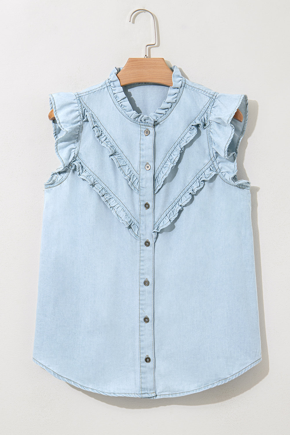 Mazie Mineral Wash Cap Sleeve Frilled Button Up Denim Shirt - Threaded Pear